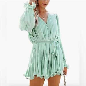 Endless Rose Mint Green Pleated Long-Sleeve Romper